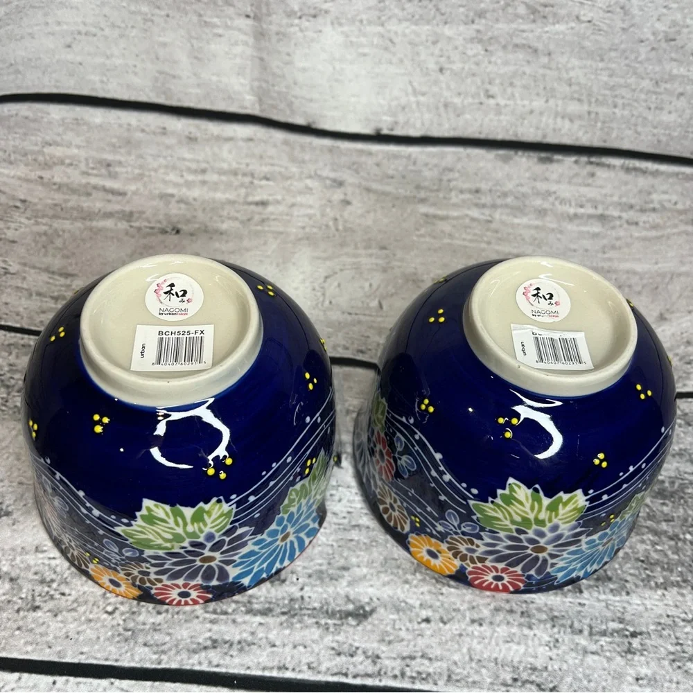 Urban Tokyo Nacomi Japanese Navy Blue Floral Ceramic Ramen Noodle Bowls Lot of 2